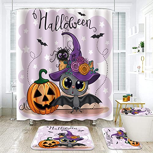 Rlhhug Halloween Pumpkin And Cute Bat Shower Curtain Sets, Bath Curtain With Accessories And Bath Rugs And Toilet Contour Mat #TOP4