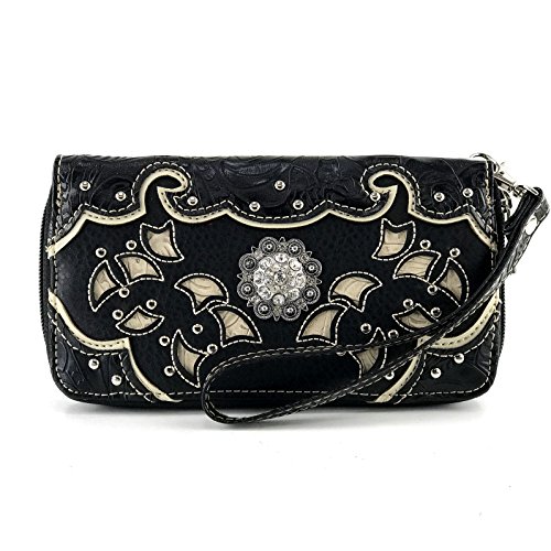 Justin West Rhinestone Concho Western Laser Cut Tooled Wristlet Wallet Shoulder Handbag Purse