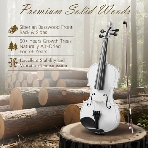 Image of 4 /4 Full Size Beginner Violin, Acoustic Fiddle Set for Adults, Teens, and Students (Age 12+), with Case, Bow, Bridge, and Rosin (White)