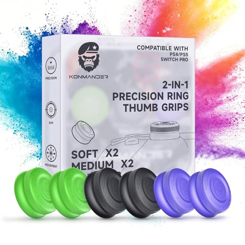 KONMANDER 2-in-1 Precision Rings Thumb Grips for PS4, PS5, Switch Pro Controller - Aim Assist Joystick Cap Analog Stick Cap for Enhanced Control, Anti-Slip Controller Accessories, 3 Pairs (6-Pack)