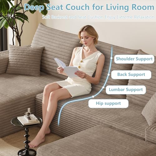 Image of 95 inch Cloud Sectional Couch with Ottoman,Modern U-Shaped Cloud Couch with Deep Seat,Comfy Corduroy Sofa,Memory Foam Sofa for Living Room,No Assembly (Camel,Left-Facing Chaise)
