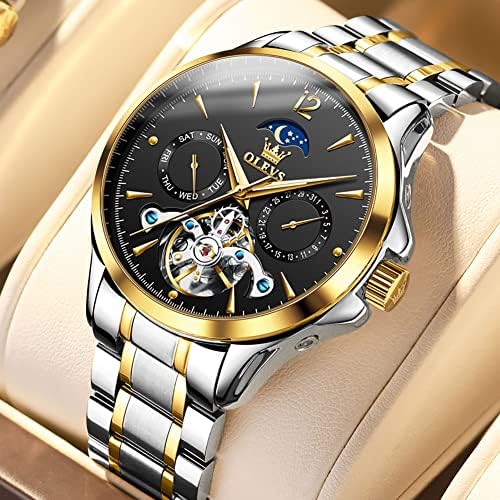 OLEVS Watches Men Automatic Self Winding Mechanical Moon Phase Tourbillon Designer Skeleton Stainless Steel Date Man Wrist Watch