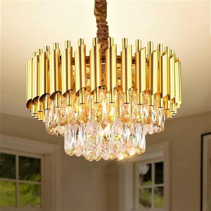 Image of Modern Ceiling Lamp 2-Tier Round Crystal Chandelier for Living Room | Modern Ceiling Light Jhumar for Hall for Home Decoration + 3 Color LED Light (Full Gold, 300 MM)