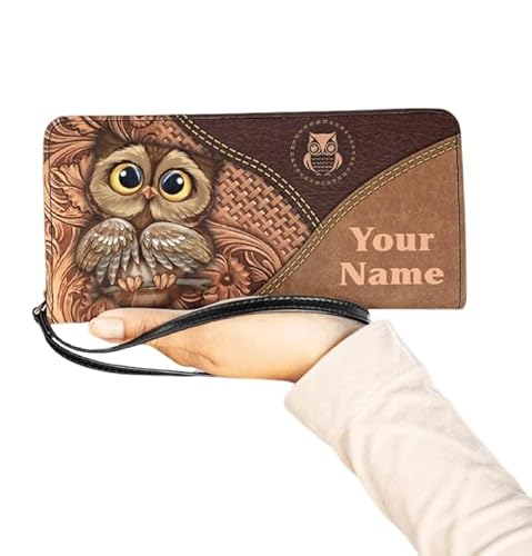 Personalized Owl Women Leather Wallet, Custom Vintage RFID Blocking Zipper Wallets, Multi Card Holde