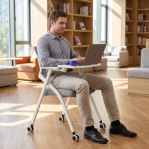 Image of 24 Pcs Folding Training Chairs with Desk Attached, Office Meeting Chair with Writing Tablet & Cup Holder, Space-Saving Nesting Stackable Chairs with wheel for Conference Room,Seminar, Classroom Chair