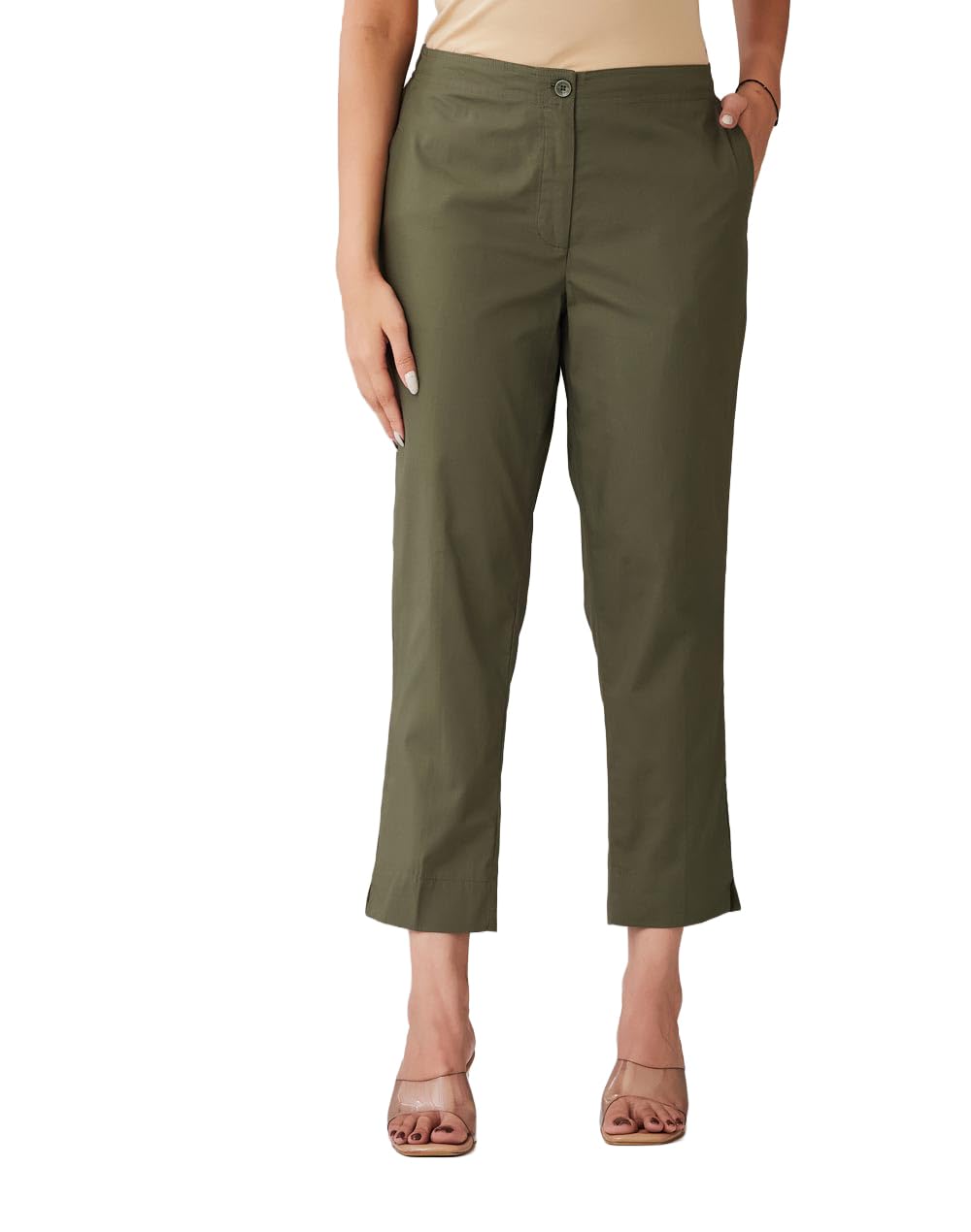 Green Cotton Slim Fit Casual Alexa Pant-image-12