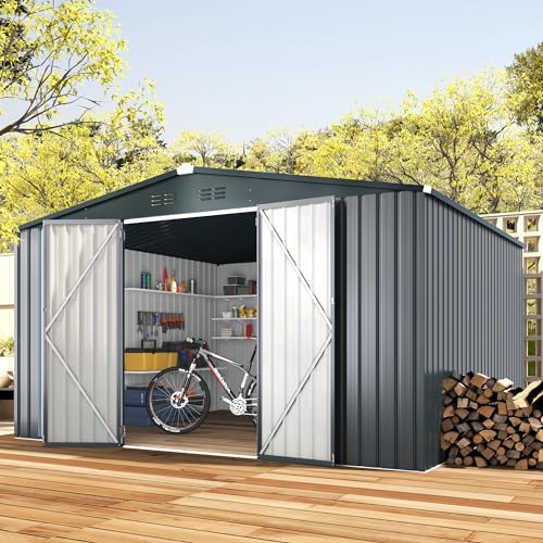 AECOJOY 10' x 12' Shed, Outdoor Storage Shed, Dark Grey Large 12x10 Sheds & Outdoor Storage Clearance with Lockable Doors, Utility and Tool Storage Garden Shed Backyard, Patio and Outside