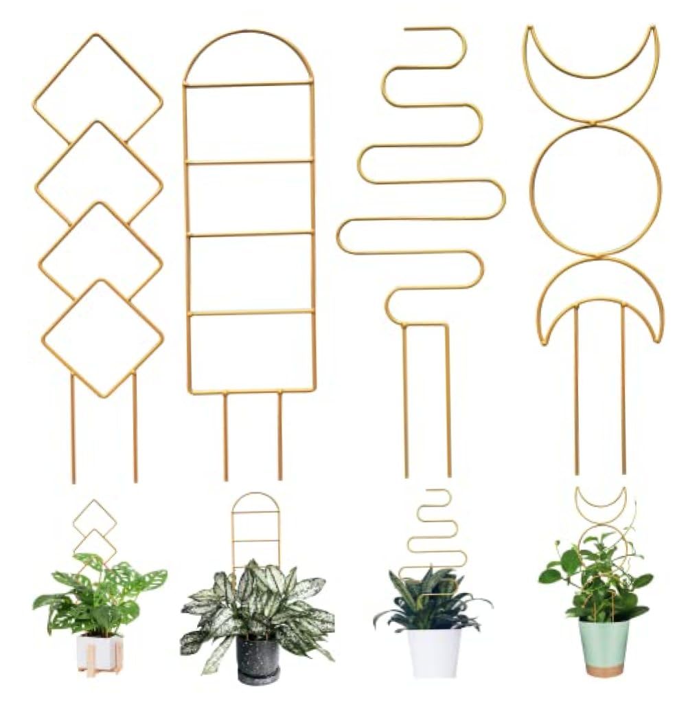 4 Pack Gold Indoor Trellis for Climbing Plants Sturdy Metal Plant Support with Unique Geometric Designs for Potted Houseplants Like Hoya and Monstera