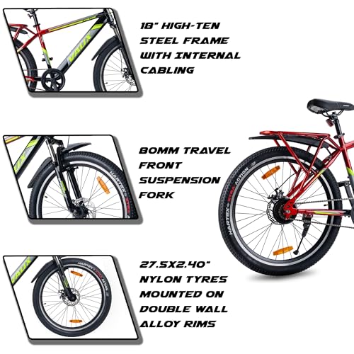 Image of Vaux Stallion-Pro Cycle for Men 27.5T with Integrated Carrier IBC| 18 inch Steel Frame| Dual-Tone Colors| Dual Disc Brakes| 27.5 X 2.4 Nylon Tyres| 80mm Front Suspension| Double Wall Alloy Rims(Red-Black)