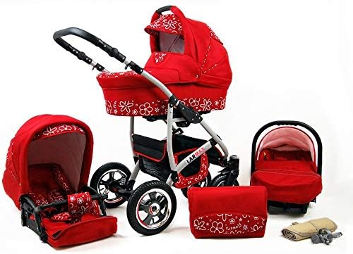 Lux4Kids 3 in 1 Combi pram Pushchair Stroller Complete Set with car seat Isofix Larmax Red Flowers 4in1 car seat +Isofix