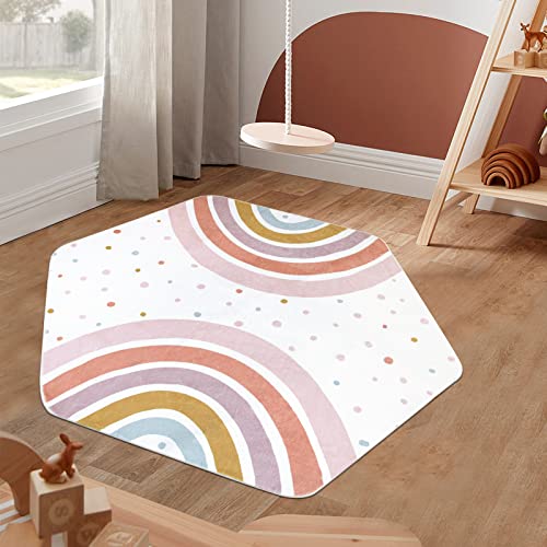 Image of STARUIA Rainbow Kids Rug Play Carpet 55"x47" for Bedroom, Hexagon Washable Rug for Playroom Tent Castle, Non-Slip Nursery Rugs Soft Play Mat for Children Playpen Classroom Dorm