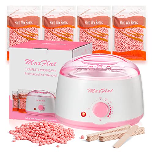 Wax Machine, Hard Wax Kit for Hair Removal MaxFlat Wax Pot at Home Waxing Kit for Women with 4 Bag Rose Hard Wax Beans 14.1oz, 20 Wax Applicator Sticks for Full Body Brazilian, Armpit, Eyebrow, Armpit, Bikini, Leg Waxing Kit