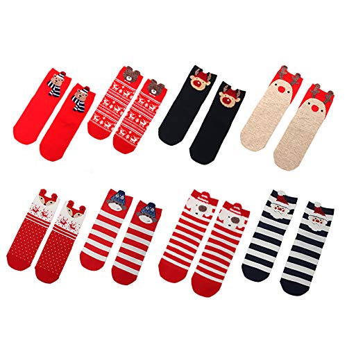 FengHP 8pcs femmes chaussettes hiver décontracté, chaussettes de Noël de dessin animé en coton garder au chaud, rayures de chaussette de filles mignonnes/couleur unie, cadeau de Noël 2020 Cover