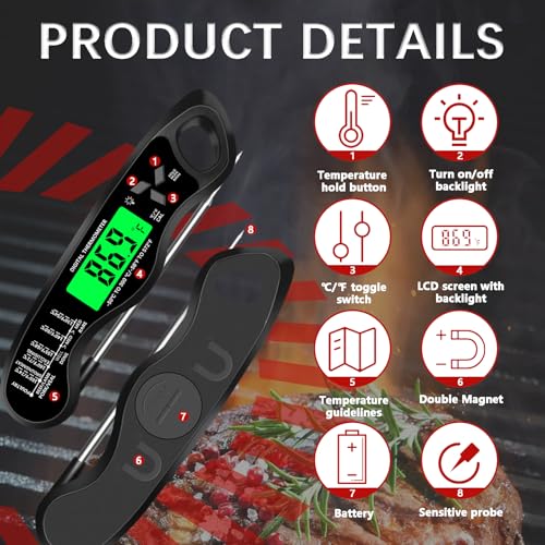 Meat Thermometer Digital,IP67 Waterproof Cooking Thermometer with Backlight, Calibration & Hold Function,Food Thermometer for Cooking,Outdoor Grilling,Candy Making