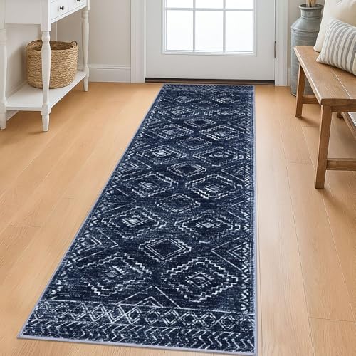KILOCOCO Boho Kitchen Runner Rug 2x6 Washable Runner Rug, Soft Runners for Hallways Non Slip Printed Distressed Laundry Room Rugs, Low-Pile Rugs for Entryway/Bedroom/Living Room, Dark Blue