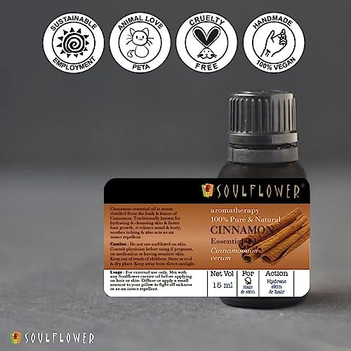 Image of Soulflower Cinnamon Essential Oil for Skin Care, Hair Care, Hydrating | 100% Pure, Natural, Undiluted Cinnamon Essential Oil 15ml