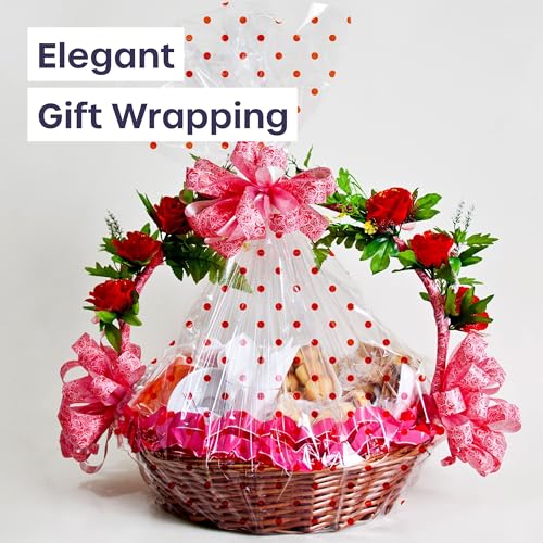 volila Geschenkfolie Transparent (Rote Punkte) – 40cm x 15m Cellophanfolie für Geschenkkörbe – 3mm Dicke Vielseitig Einsetzbare Klarsichtfolie für Blumensträuße, Floristenfolie, Essenspaket (1 Rolle)