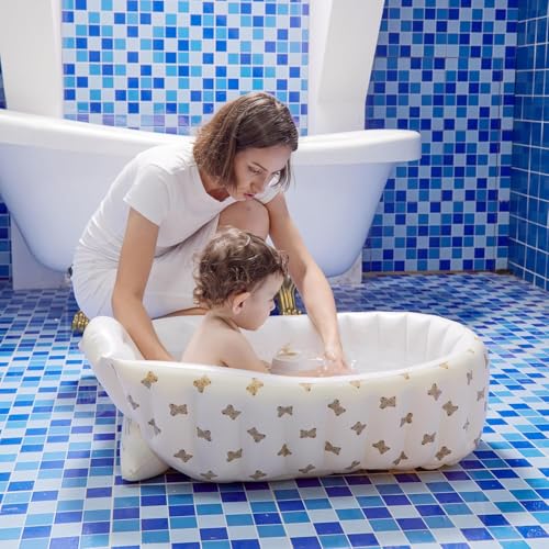 Image of HSR Inflatable Baby Bathtub with Built-in Air Pump, Newborn to Toddler Bath Tub 0-36 Months, Portable Travel Shower Basin with Back Support, Deflates and Folds Easily (0-36 Months)