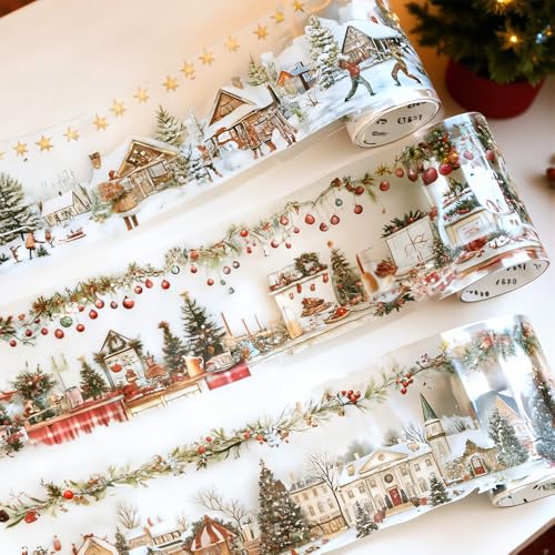 3 Rolls Christmas Washi Tape Set 65mm x 2m PET Scrapbook Tape Christmas Stickers for Scrapbooking Supplies Winter Xmas Landscape Washi Tape Scrapbook Stickers for Journaling Washitape Masking Tapes