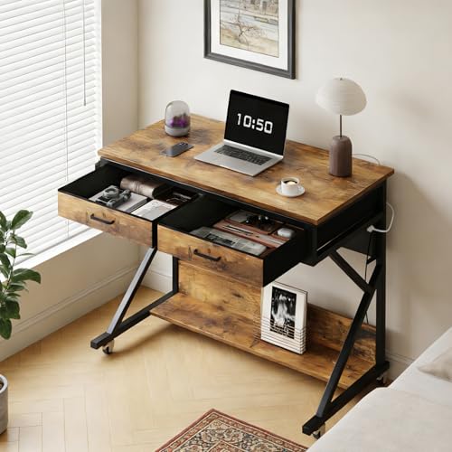 Mobile Gaming Desk with LED Lights, Charging Station, Wheels