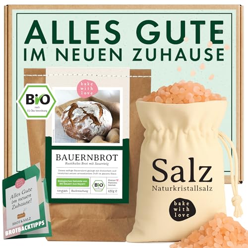 Brot und Salz Geschenk zum Einzug &ndash; Einzugsgeschenk und Einweihungsgeschenk f&uuml;r Wohnung & Haus &ndash; Geschenkset f&uuml;r Umzug & Richtfest mit Bio Brotbackmischung &ndash; Bake with Love