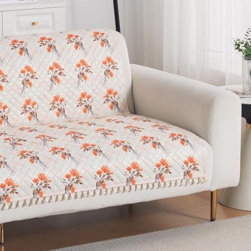Image of HOKIPO Autumn Blossom Quilted Sofa Cover with Tassels 2 Seater for Seat & Back, (152x120 cm), 'Tassel Twigs' Series (IN-990-T5)