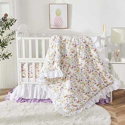 Brandream Wildflower Butterfly Crib Bedding Sets for Girls Nursery Set 3-Piece Farmhouse Quilt Comforter Set, Baby or Toddler Fitted Sheet, Double Crib Bed Skirt, Cotton