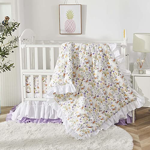 Brandream Wildflower Butterfly Crib Bedding Sets For Girls Nursery Set 3-Piece Farmhouse Quilt Comforter Set, Baby Or Toddler Fitted Sheet, Double Crib Bed Skirt, Cotton #TOP13