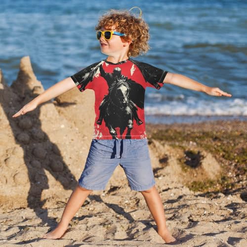 Boys Short Sleeve T-Shirts Knight Graffiti Red Horse Rashguard Kids Swim Shirts Sun UPF 50+4