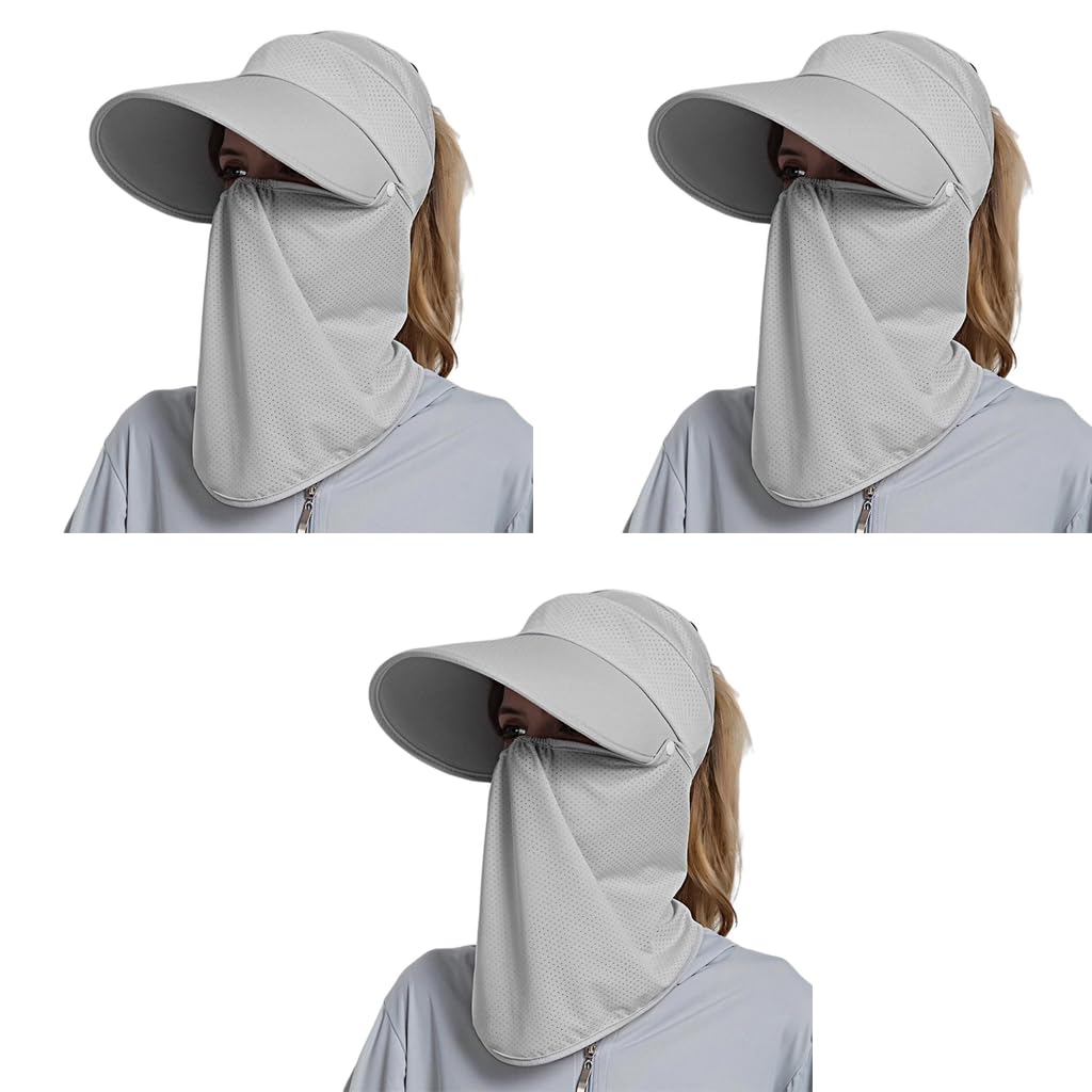 Sun Hat for Women with Detachable Face Cover Wide Brim UV Protection Breathable Outdoor Summer Visor Cap Bike Fishing Cycling 3PCS Grey-image-43
