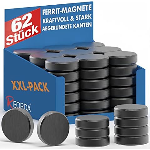 REORDA Magnete für Magnettafel stark - 62x Ferrit Magnete für Whiteboard, Pinnwand, als Kühlschrank Magnete und Tafelmagnete stark haftend, Magnete rund - schwarz Cover