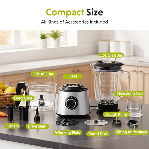 Image of Simple Deluxe Food Processor Blender Combo, 300W Electric Food Processor for Slicing, Dough, Vegetables, 6 Cup Chopper for Meat and Puree, 2 Speeds Adjustable, Safety Lock with 1.5L Glass Jar, Black