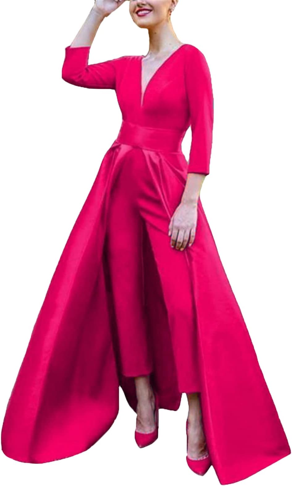 VeraQueen Women's V Neck 3/4 Long Sleeves Satin Jumpsuits with Detachable Skirt