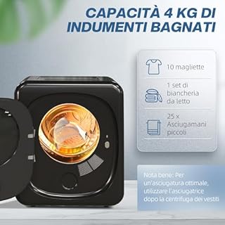 HOMCOM Mini Asciugatrice Portatile 4 kg, 6 Programmi, Display LED, Asciugatrice Compatta 800W, Carica Frontale, Fino 60℃, Impilabile/Parete/Autoportante, Timer, Tamburo in Acciaio Inox, per Casa, Nero