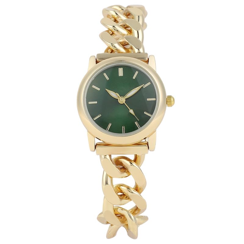Image of Haute Sauce Women's The Sova Chainlink Round Watch | Gold Stainless Steel Strap | Emerald Green Dial | One-Size | Foldover Closure | Quartz | Analogue | Wrist Belt Watch for Female & Girls