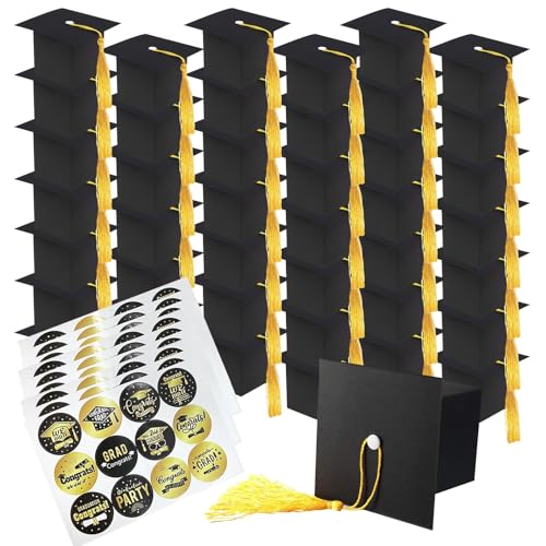 Image of 100Pcs Graduation Cap Gift Boxes, Graduation Candy Box with Graduation Stickers, Black Grad Cap Treat Cake Chocolate Biscuit Card Box Yellow Tassel, Graduation Decorations for Graduation Ceremony Party (100Pcs, Graduation Boxs with Graduation Stickers)