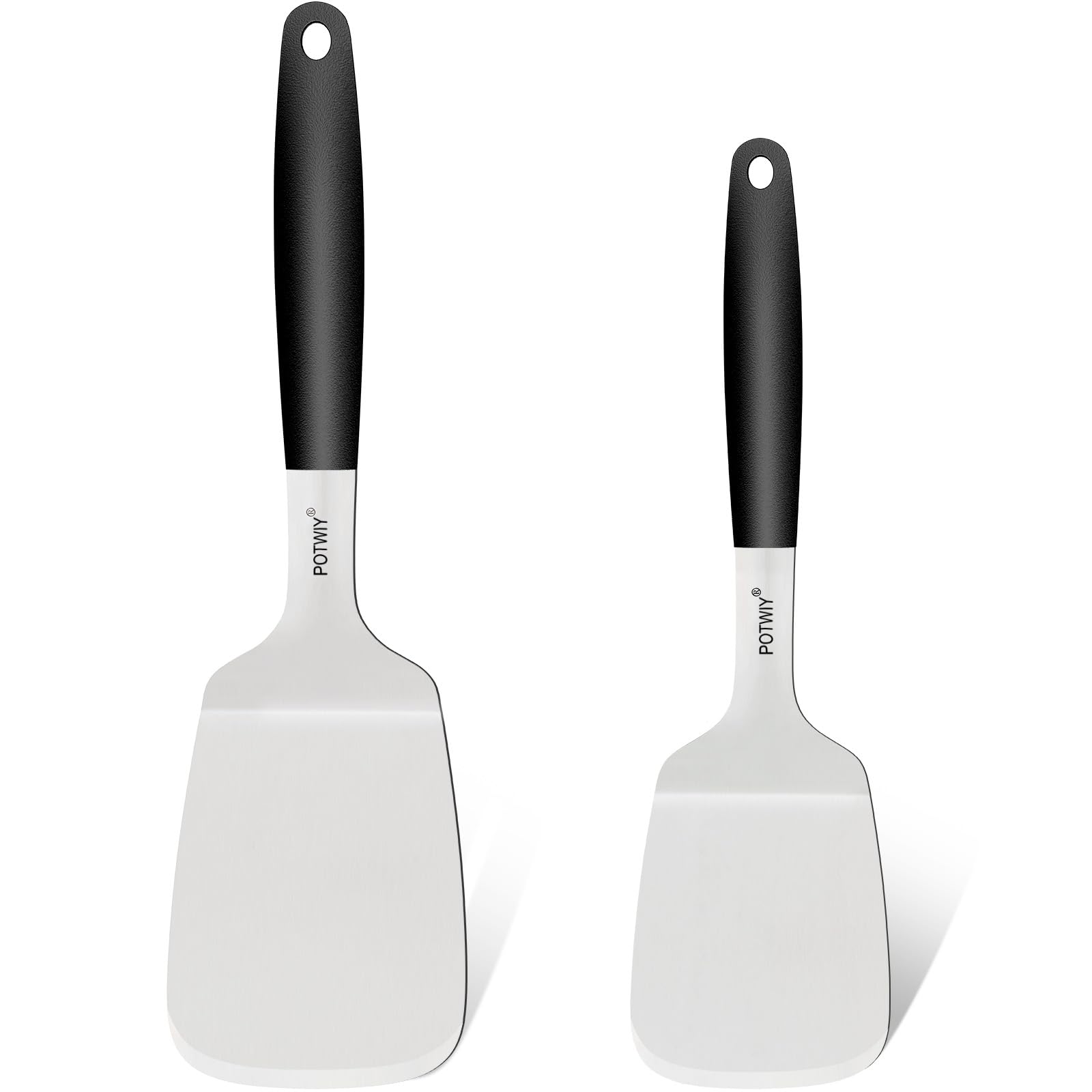 Juego de 2 espátulas de acero inoxidable, espátula de metal de 13.3 y 11.3 pulgadas para cocinar sartén de hierro fundido y parrilla plana, volteador resistente con mango de silicona para