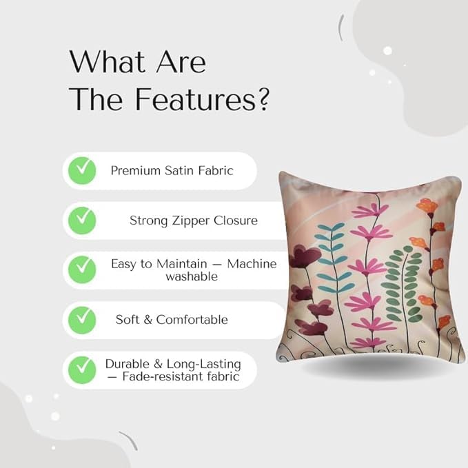 Image of Decorative Satin Sofa Cushion Covers Set of 5, 16 x 16 Inches, Multicolor Floral Printed Pillow Covers for Living Room, Bedroom, Couch & Sofa, Soft Glossy Fabric, Zipper Closure
