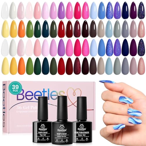 Beetles - Juego de 39 esmaltes de uñas UV, 36 colores con base mate y brillante, color naranja, verde, rosa, amarillo, azul, purpurina, Halloween, manicura DIY para mujeres