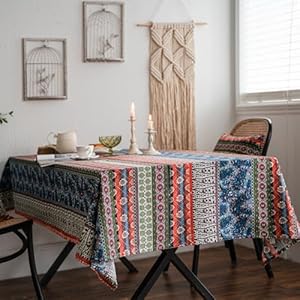 Boho Cotton Linen Table Cloths Farmhouse Heavy Fabric Table Cover Burlap Striped Geometric Washable Table Top For Parties Coffee Kitchen Picnic Rustic BohemiaRectangleOblong 55 x 86 6 8 Seats
