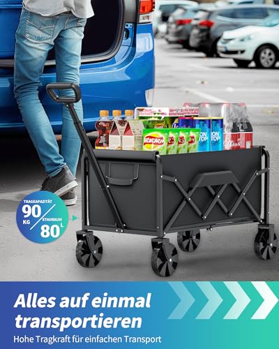 klein Kitsure Bollerwagen Faltbar – Handwagen mit Hartplastikrädern, 71,1 x 43,2 x 91,5 cm Transportkarre für Einkäufe, Garten, Camping, Sport & Angeln, Schwarz