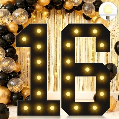 4FT Light Up Numbers 16 Easy to Assemble Black Giant Marquee Number