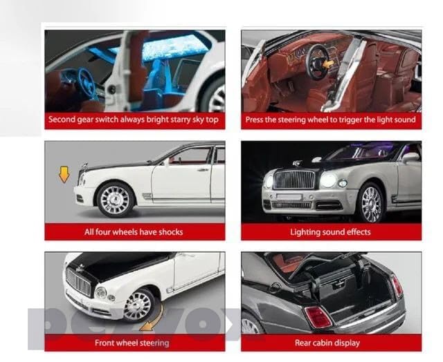 Image of Bentley MULSANNE 1:24 Diecast Scale Model Metal Pull Back Toy car for Kids with Openable Doors & Light, Music Toy Vehicle for Kids (Black+White)