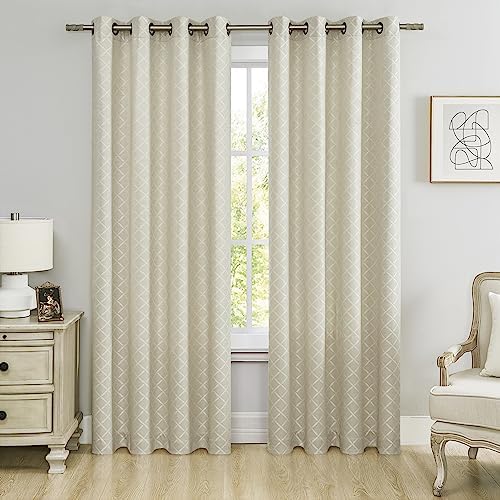 Beige Geometric Trellis Jacquard Curtain Panels 108 Inches Long Diamond Pattern Grommet Top Light Filtering Window Treatment Drapes for Bedroom/Living Room, Beige, 50″x108″x2