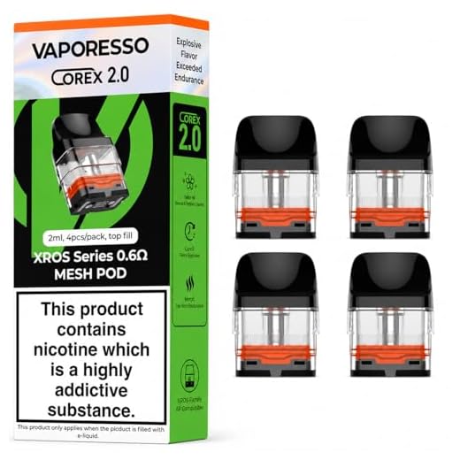 Vaporesso Xros Replacement Pods, 0.6 Ohm, Integrated Coils, Corex 2.0, Compatible with Xros3, Xros3 Mini, Xros4, Xros4 Mini, Xros5, Xros5Mini, Vaporesso Vaping Pods, Refillable, Pack of 4, No Nicotine