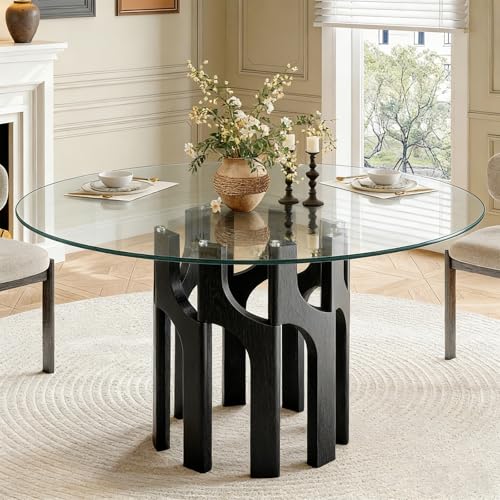 Round Glass Dining Table for 4-6 Modern 46-Inch Kitchen Table with Sturdy Pedestal Base & Clear Tempered Glass Top Circle Dinner Table for Dining Room Living Room & Small Apartment (Black)