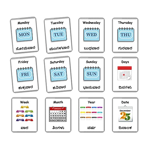Image of Kannada English Bilingual Flash Cards | Montessori Cards | Laminated Flash Cards | Early Education (Days of The Week - 12 Cards)