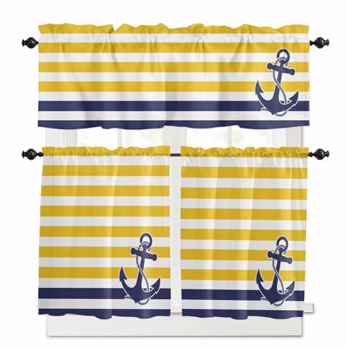 Yellow Striped Kitchen Curtains 24 Inch Length, 3 Piece Rod Pocket Small Half Tiers and Valance Set, Navy Blue Nautical Anchor Geometric Small Large Window Treatment Decor for Bedroom/Bathroom Sink
