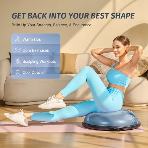 Image of ZELUS 25in. Balance Ball | 660lb Inflatable Half Exercise Ball Wobble Board Balance Trainer w Nonslip Base | Half Yoga Ball Strength Training Equipment w 2 Bands, Pump, Extra Ball Included