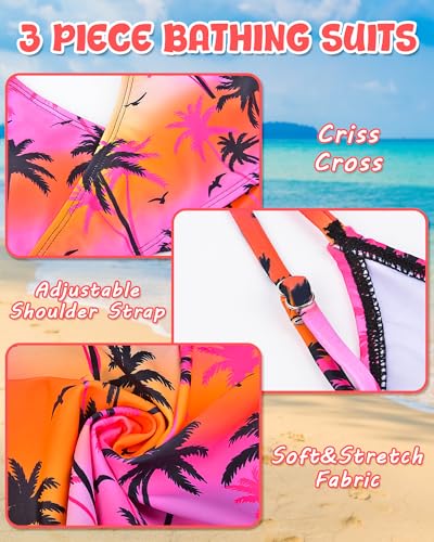 Image of PASHOP Girls' Swimsuit Set - Pink Palm Tree Bikini with Cover Up Skirt - Modern High Rise Hipster Bralette - Regular Fit - Machine Wash - Girls, Children, Young Adults